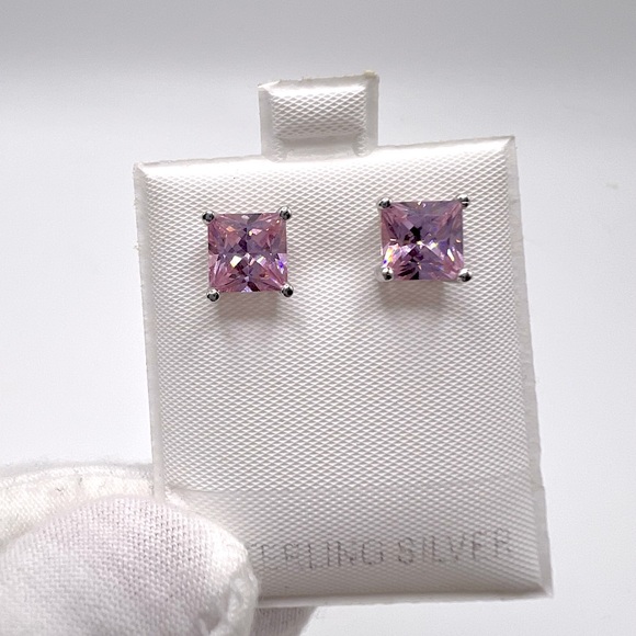 7mm Square Pink Cz .925 Sterling Silver Earrings - Picture 5 of 13